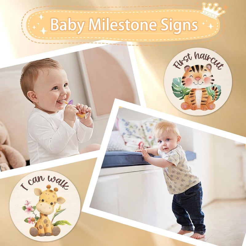 MCIAONE Baby Monthly Milestone Cards Sign - 13 Double Sided Little Animals Milestone Cards, Fox Pattern Wooden Circles Discs for Photo Props Cat Newborn Announcement Marker, Baby Shower Newborn Sign Gift Set - Image 2